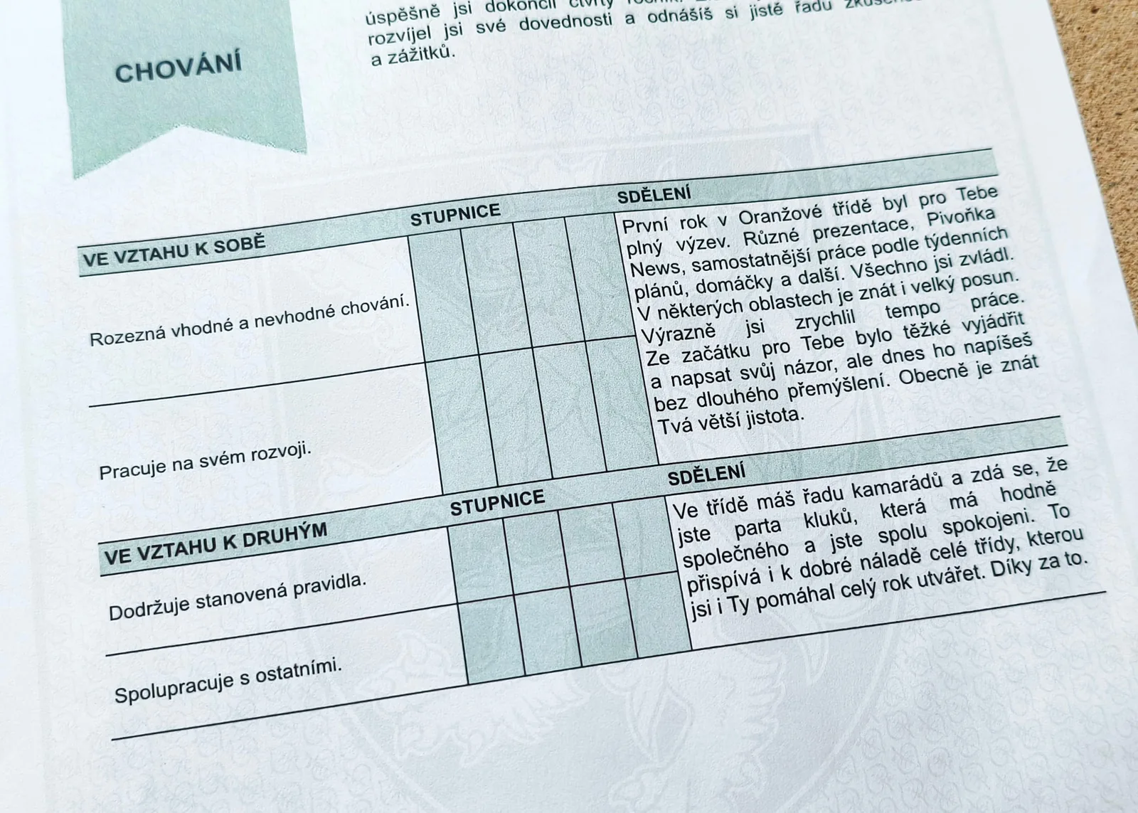 Detail vysvědčení se škálovým hodnocením a slovními sděleními