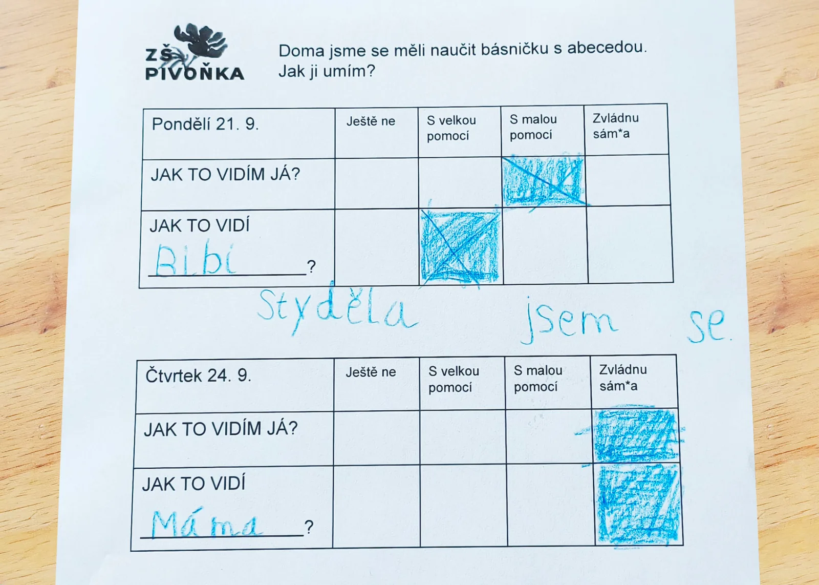 Sebehodnocení naučení básničky s abecedou vyplněné modrou pastelkou