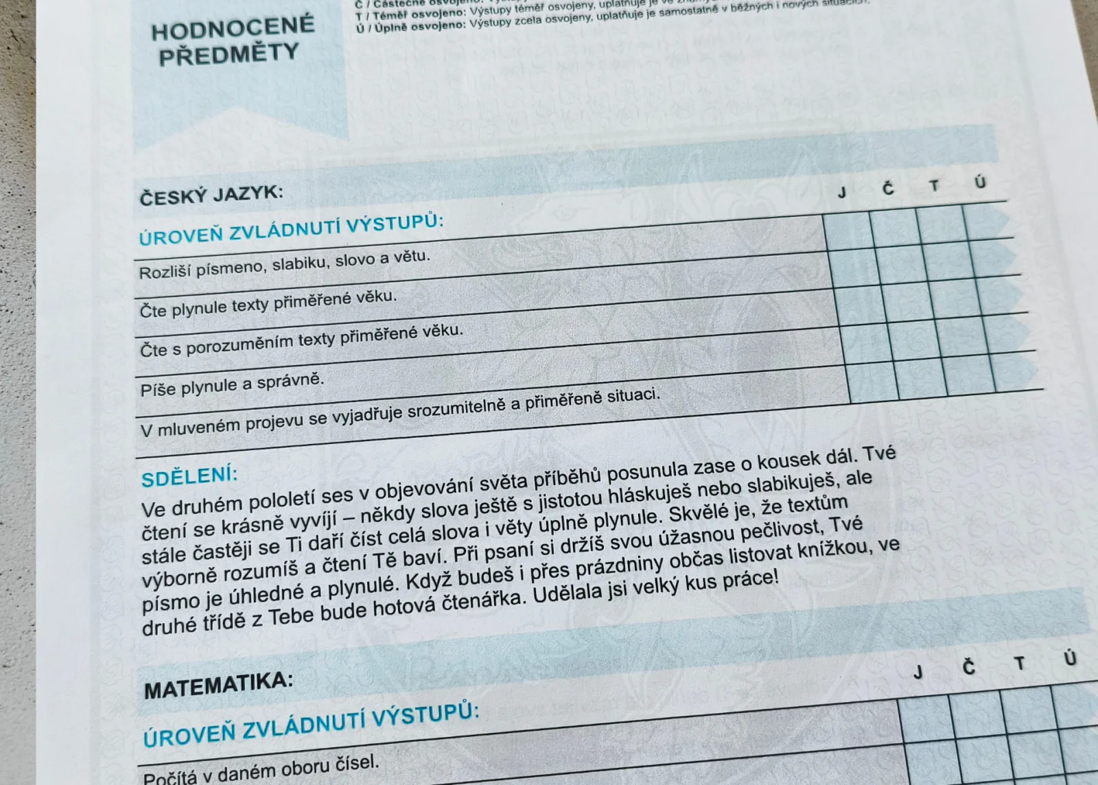 Vysvědčení se škálovým hodnocením výstupů z českého jazyka